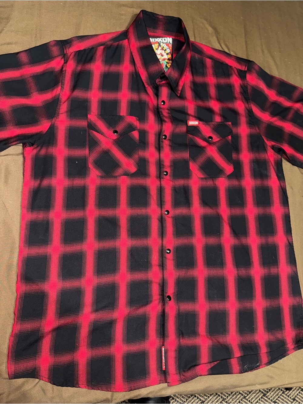 Dixxon Rojo Loco Red & Black Bamboo short sleeve Plaid Men's Button-Up Shirt